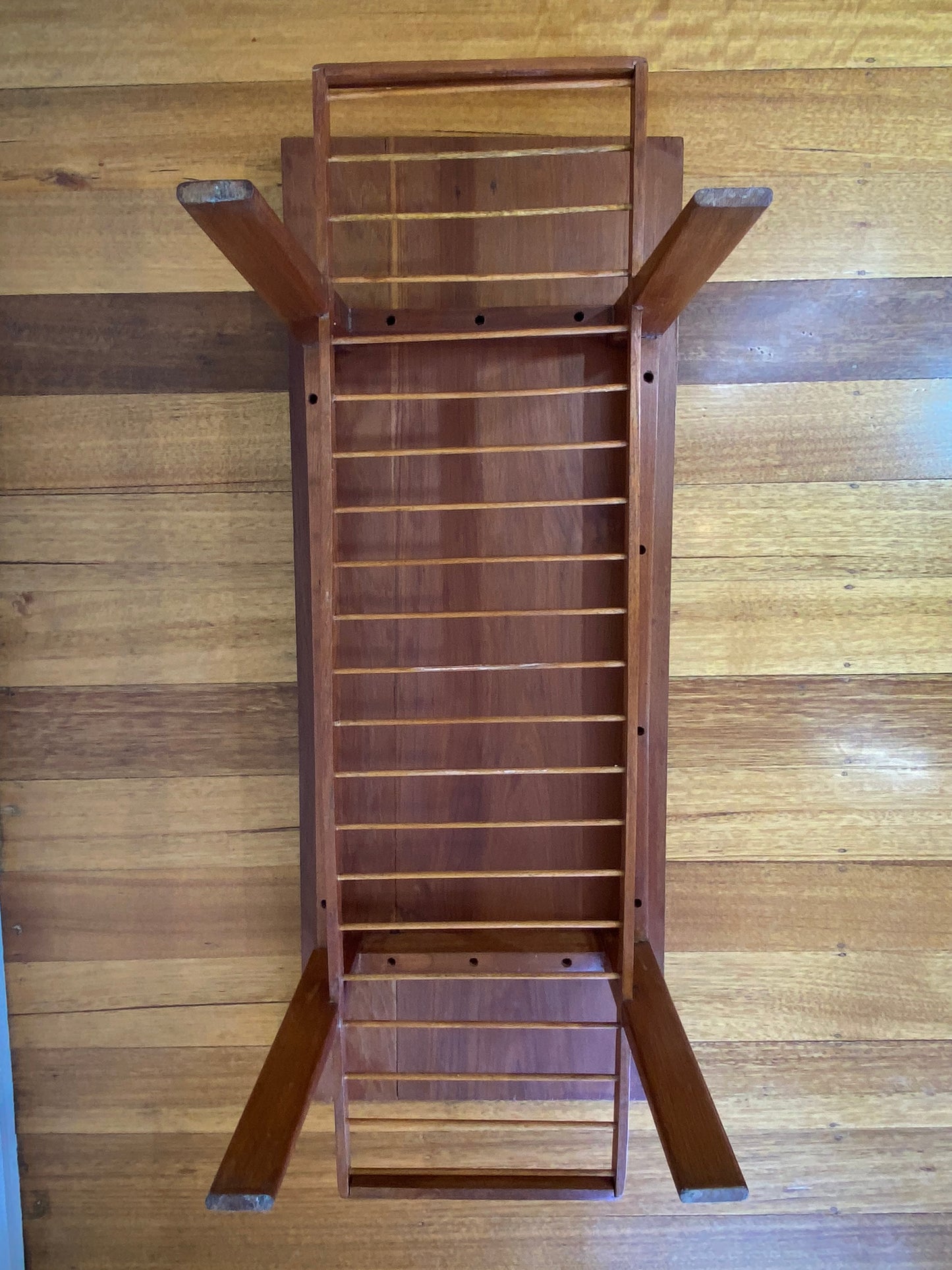 Vintage teak coffee table with magazine rack and carved details