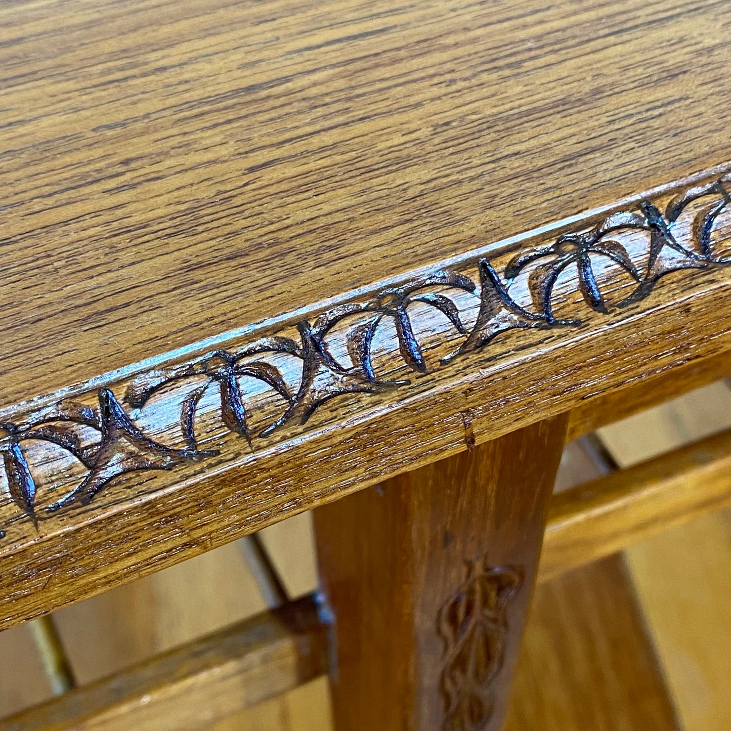 Vintage teak coffee table with magazine rack and carved details